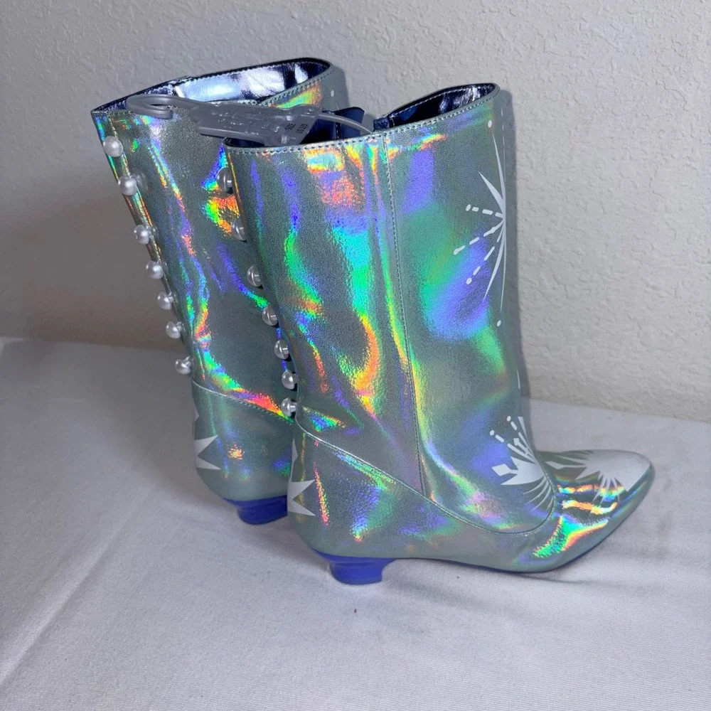 Disney Frozen kids Elsa Boots Size 2/3 Blue Holographic Iridescent Faux Pearl